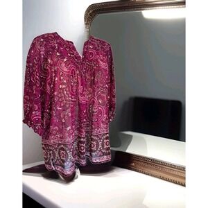 ANA Popover Top L Purple Sheer 3/4 Balloon Sleeves Pintuck Smocking Detail Boho